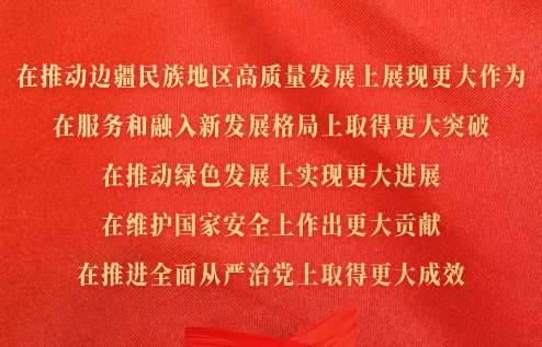 在推動(dòng)邊疆民族地區(qū)高質(zhì)量發(fā)展上展現(xiàn)更大作為，在服務(wù)和融入新發(fā)展格局上取得更大突破，在推動(dòng)綠色發(fā)展上實(shí)現(xiàn)更大進(jìn)展，在維護(hù)國(guó)家安全上作出更大貢獻(xiàn)，在推進(jìn)全面從嚴(yán)治黨上取得更大成效